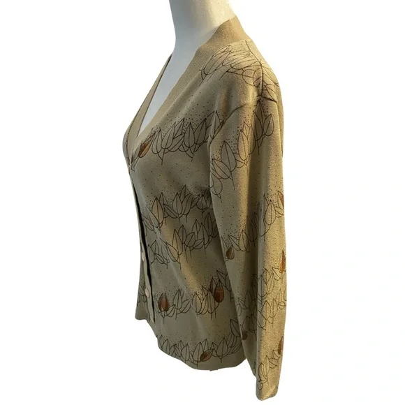 Vintage Sheng Yea V-Neck Button Front Cardigan Sweater Beige Floral Pit18 L23 - Picture 4 of 10